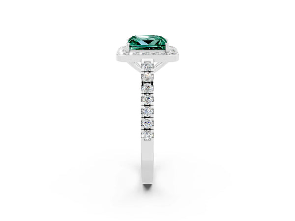 Silver Princess Cut Green Sapphire Halo Ring with Round Pavé Split Shank and Prong Setting