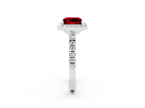 Silver Princess Cut Ruby Halo Ring with Round Pavé Split Shank and Prong Setting