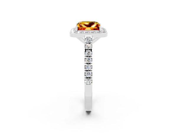 Platinum Princess Cut Citrine Halo Ring with Round Pavé Split Shank and Prong Setting