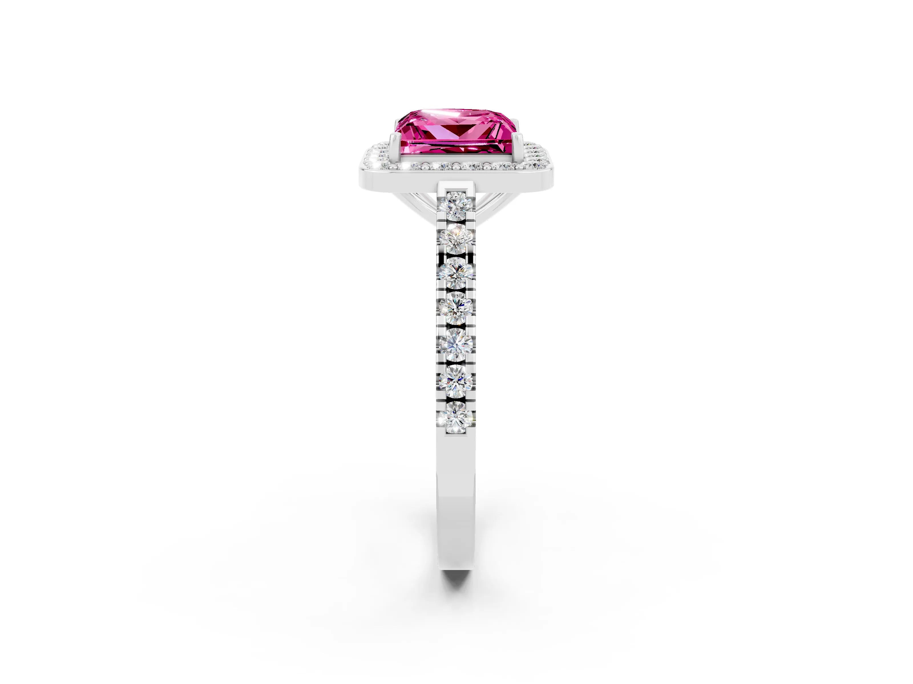 White gold Princess Cut Halo Diamond Ring with Pavé Band and Three-Prong Setting_2