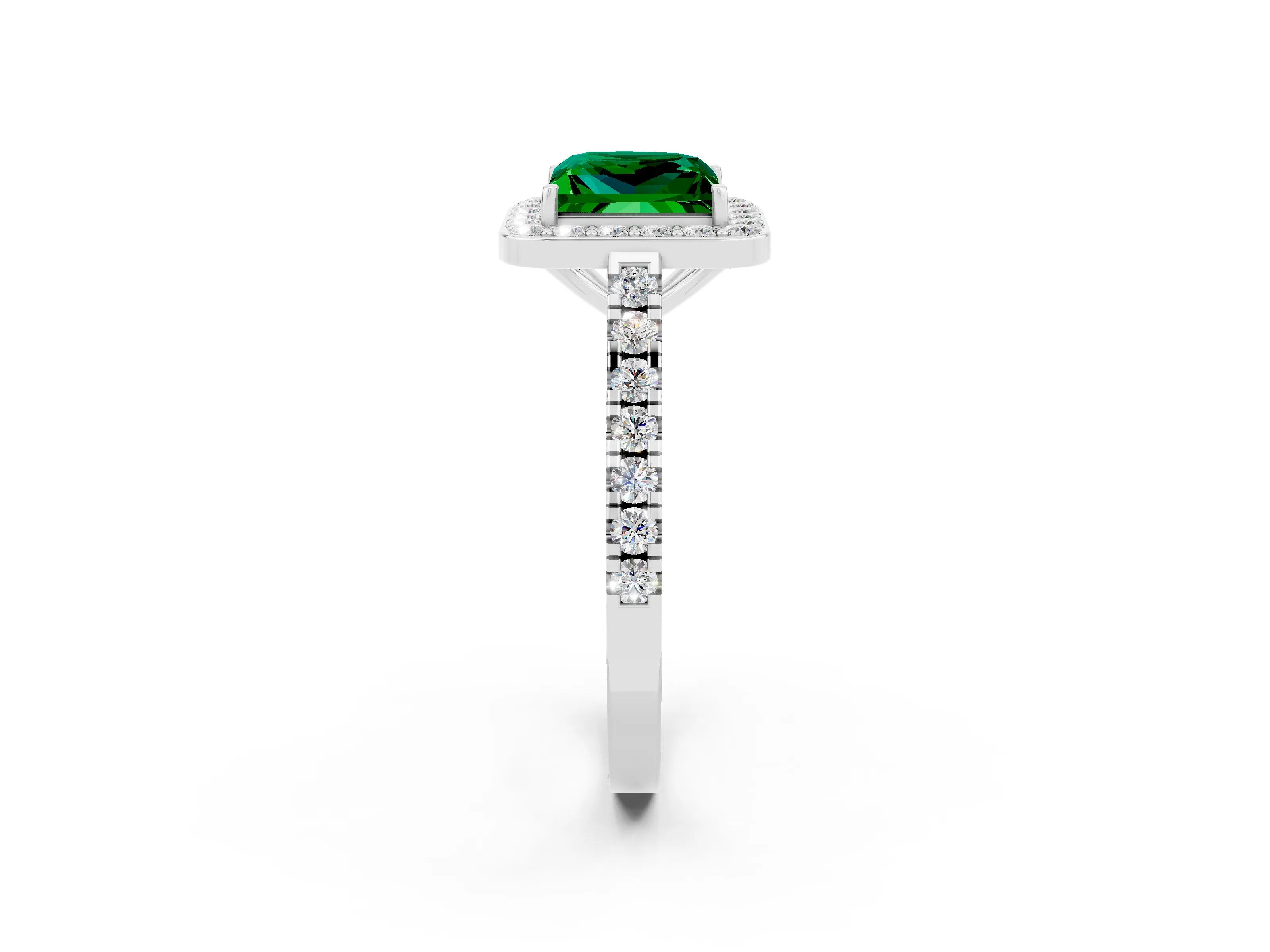 White gold Princess Cut Halo Diamond Ring with Pavé Band and Three-Prong Setting_2