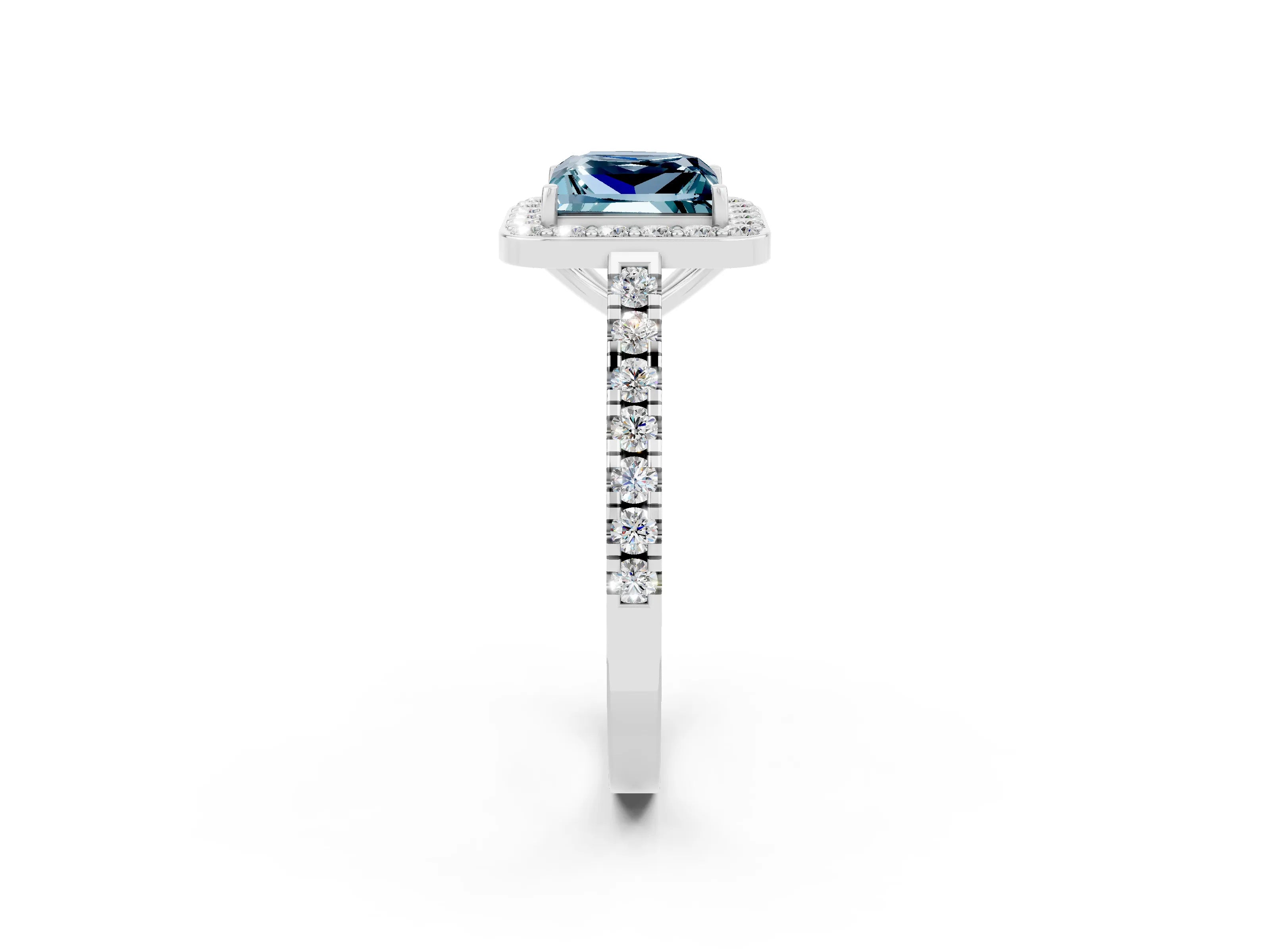 White gold Princess Cut Halo Diamond Ring with Pavé Band and Three-Prong Setting_2