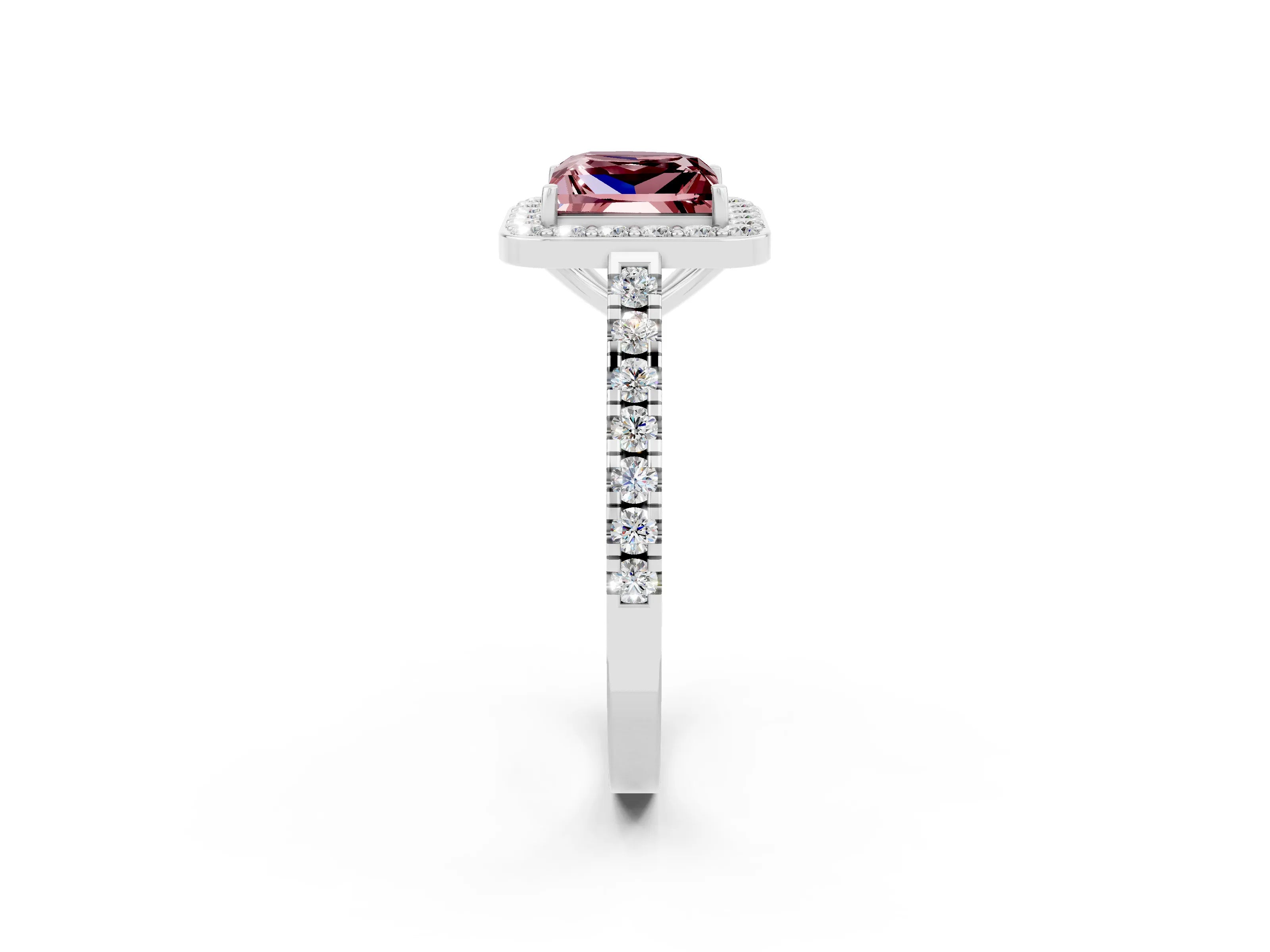 White gold Princess Cut Halo Diamond Ring with Pavé Band and Three-Prong Setting_2