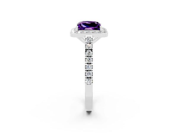 Platinum Princess Cut Amethyst Halo Ring with Round Pavé Split Shank and Prong Setting