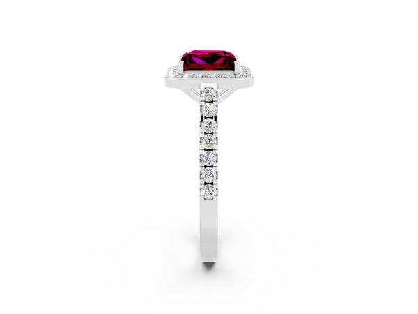 White Gold Princess Cut Garnet Halo Engagement Ring with Shared Prong Pave Band