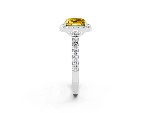 Silver Princess Cut Yellow Sapphire Halo Ring with Round Pavé Split Shank and Prong Setting