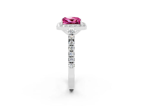 White gold Princess Cut Halo Diamond Ring with Pavé Band and Three-Prong Setting_2
