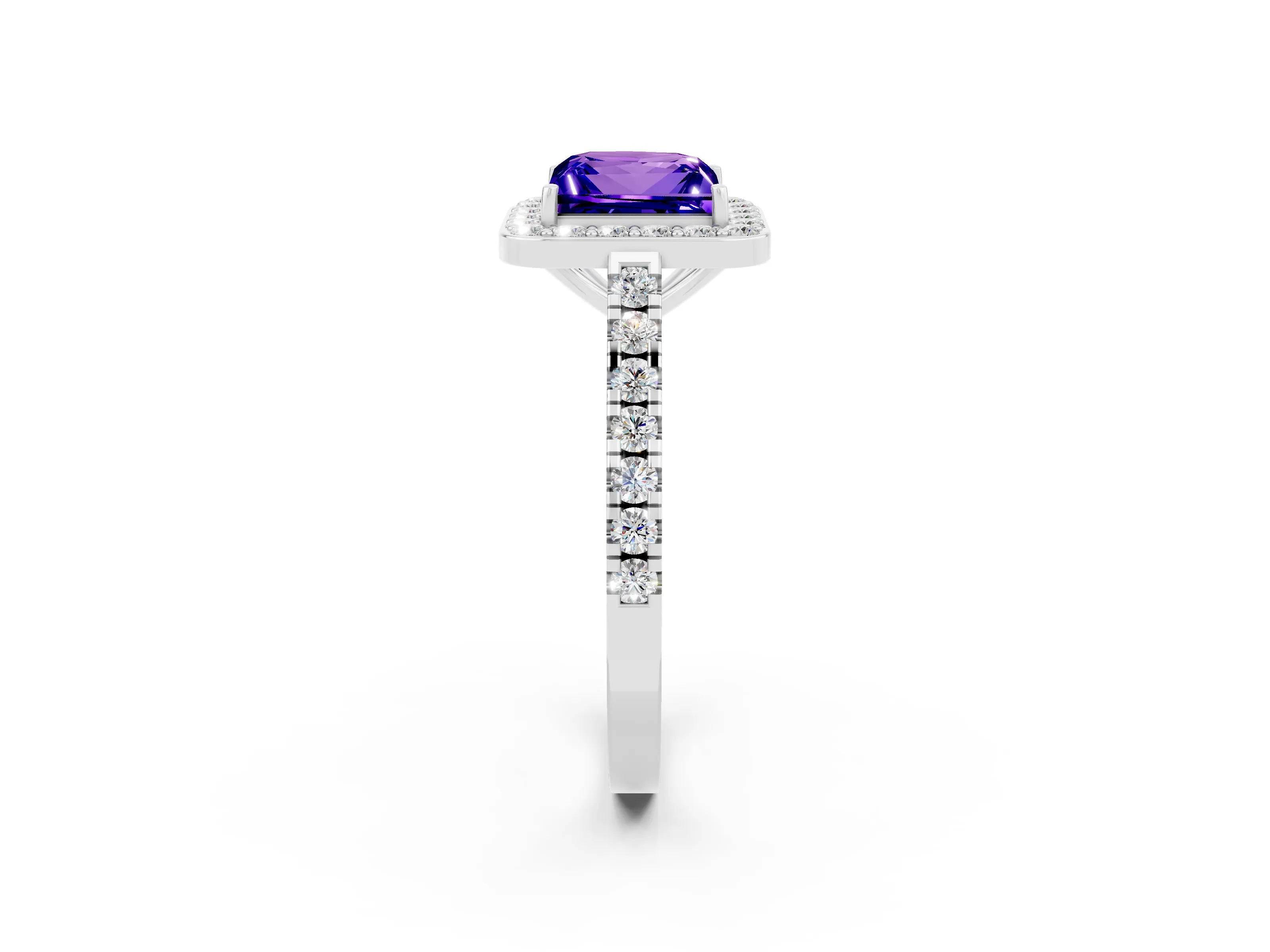 White gold Princess Cut Halo Diamond Ring with Pavé Band and Three-Prong Setting_2