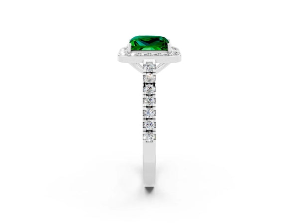White gold Princess Cut Emerald Halo Ring with Round Pavé Split Shank and Prong Setting