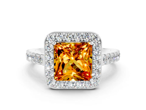 White gold Princess Cut Halo Diamond Ring with Pavé Band and Three-Prong Setting