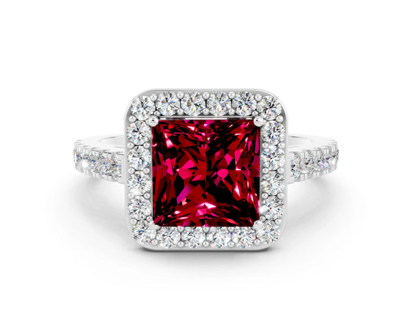 Platinum Princess Cut Garnet Halo Engagement Ring with Shared Prong Pave Band