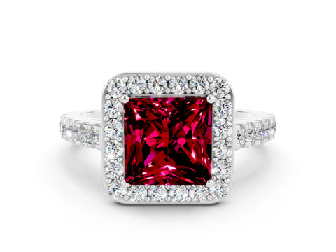 White gold Princess Cut Halo Diamond Ring with Pavé Band and Three-Prong Setting