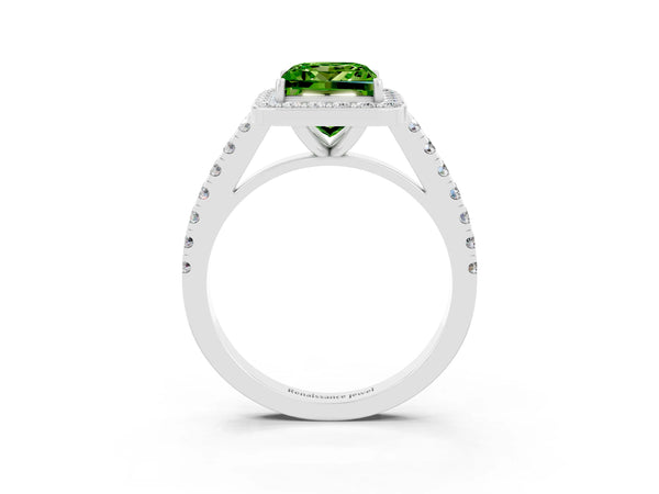 Silver Princess Cut Halo Diamond Ring with Pavé Band and Three-Prong Setting