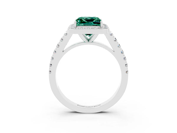 White gold Princess Cut Green Sapphire Halo Ring with Round Pavé Split Shank and Prong Setting