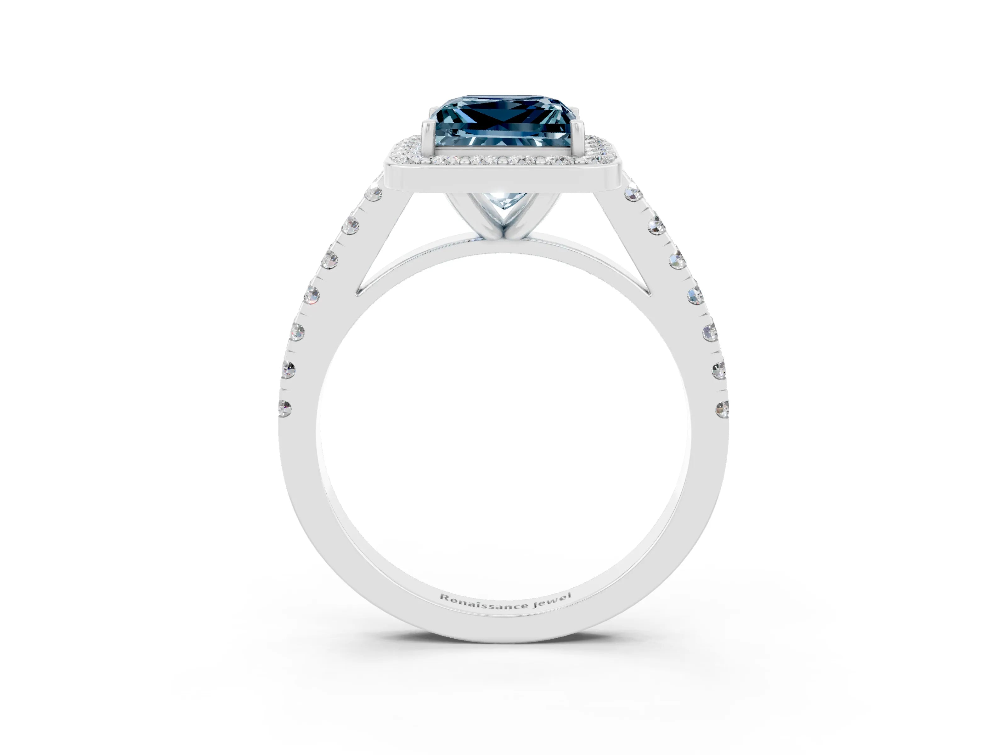 White gold Princess Cut Halo Diamond Ring with Pavé Band and Three-Prong Setting_3