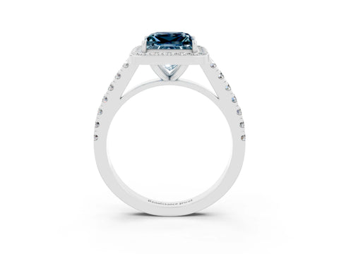 White gold Princess Cut Halo Diamond Ring with Pavé Band and Three-Prong Setting_3
