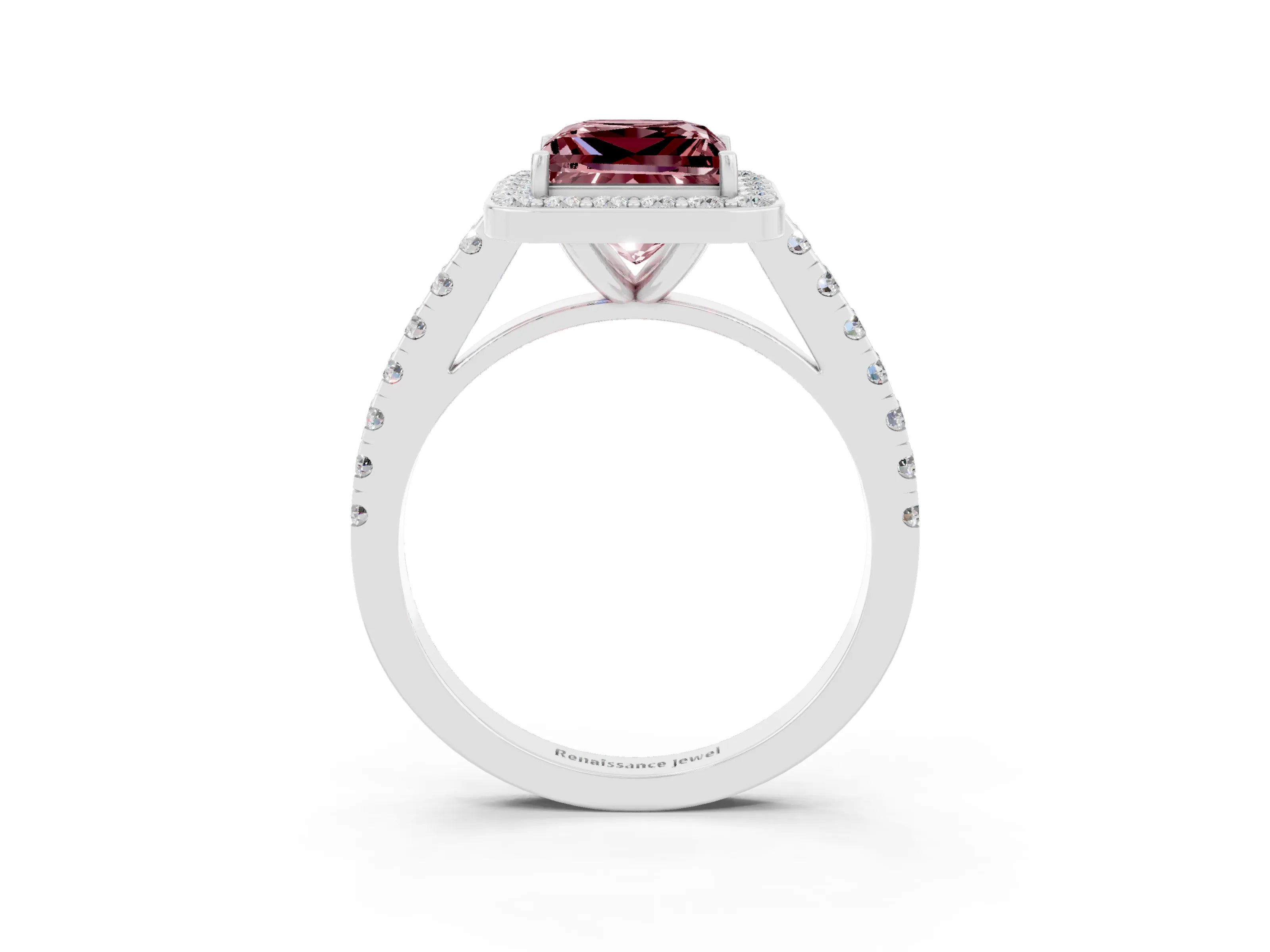 White gold Princess Cut Halo Diamond Ring with Pavé Band and Three-Prong Setting_3