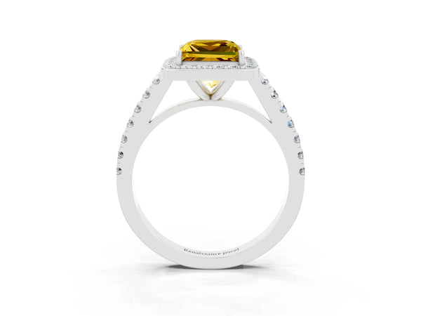 Platinum Princess Cut Yellow Sapphire Halo Ring with Round Pavé Split Shank and Prong Setting