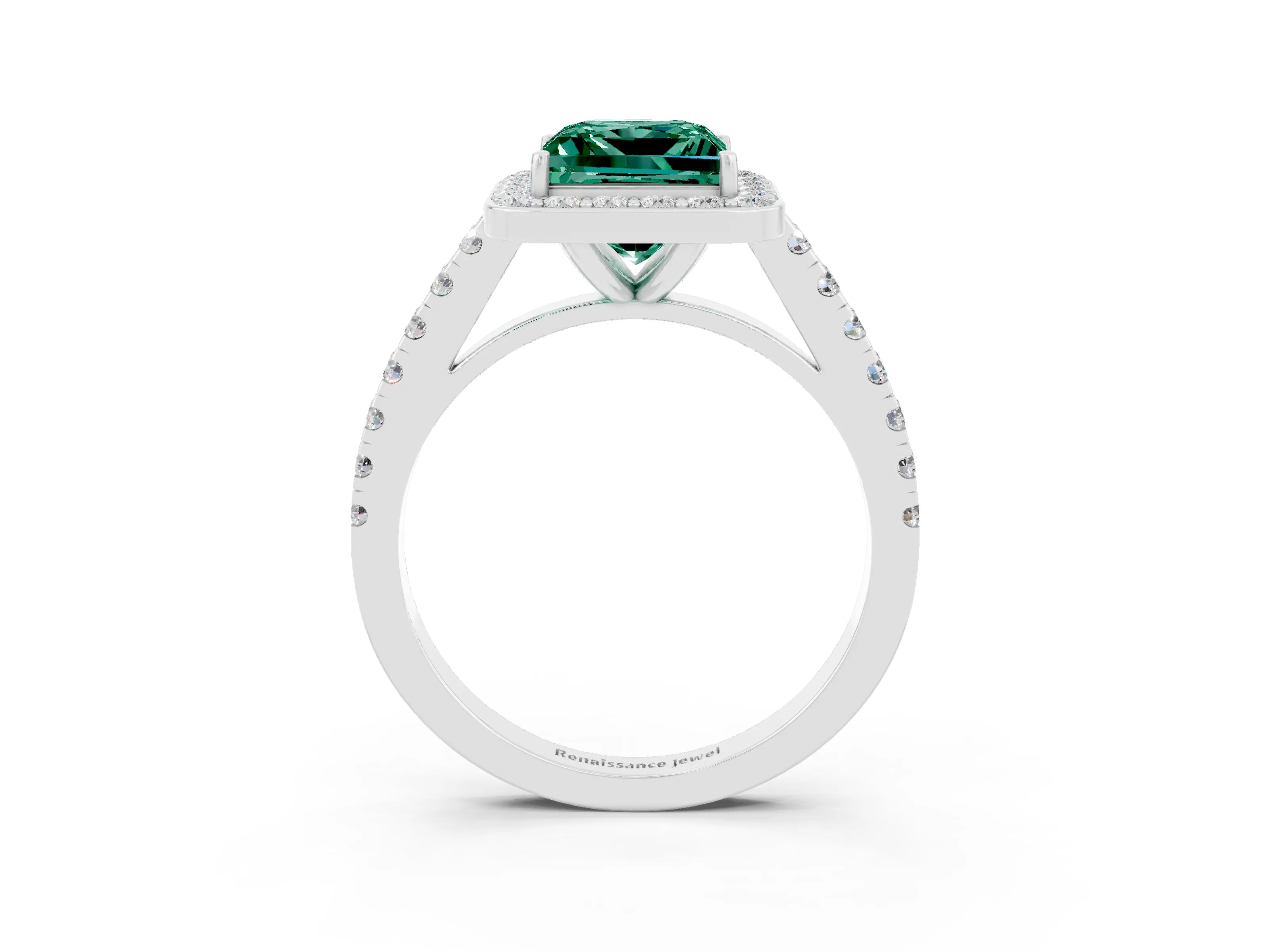 White gold Princess Cut Halo Diamond Ring with Pavé Band and Three-Prong Setting_3