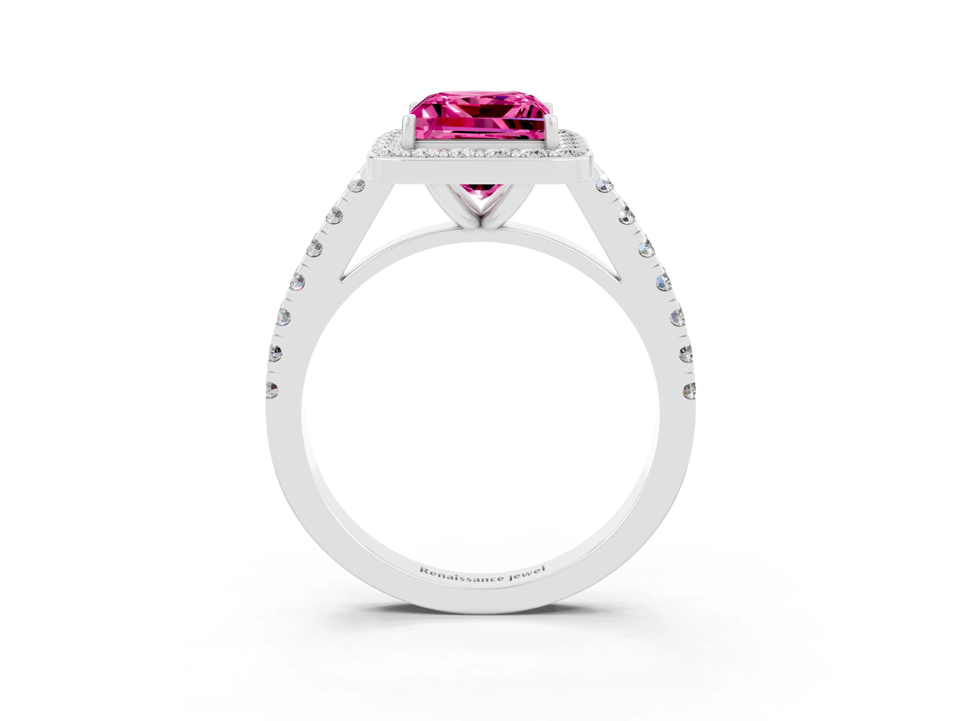 White gold Princess Cut Halo Diamond Ring with Pavé Band and Three-Prong Setting_3
