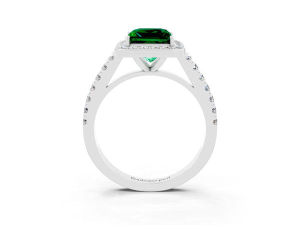 Platinum Princess Cut Emerald Halo Ring with Round Pavé Split Shank and Prong Setting