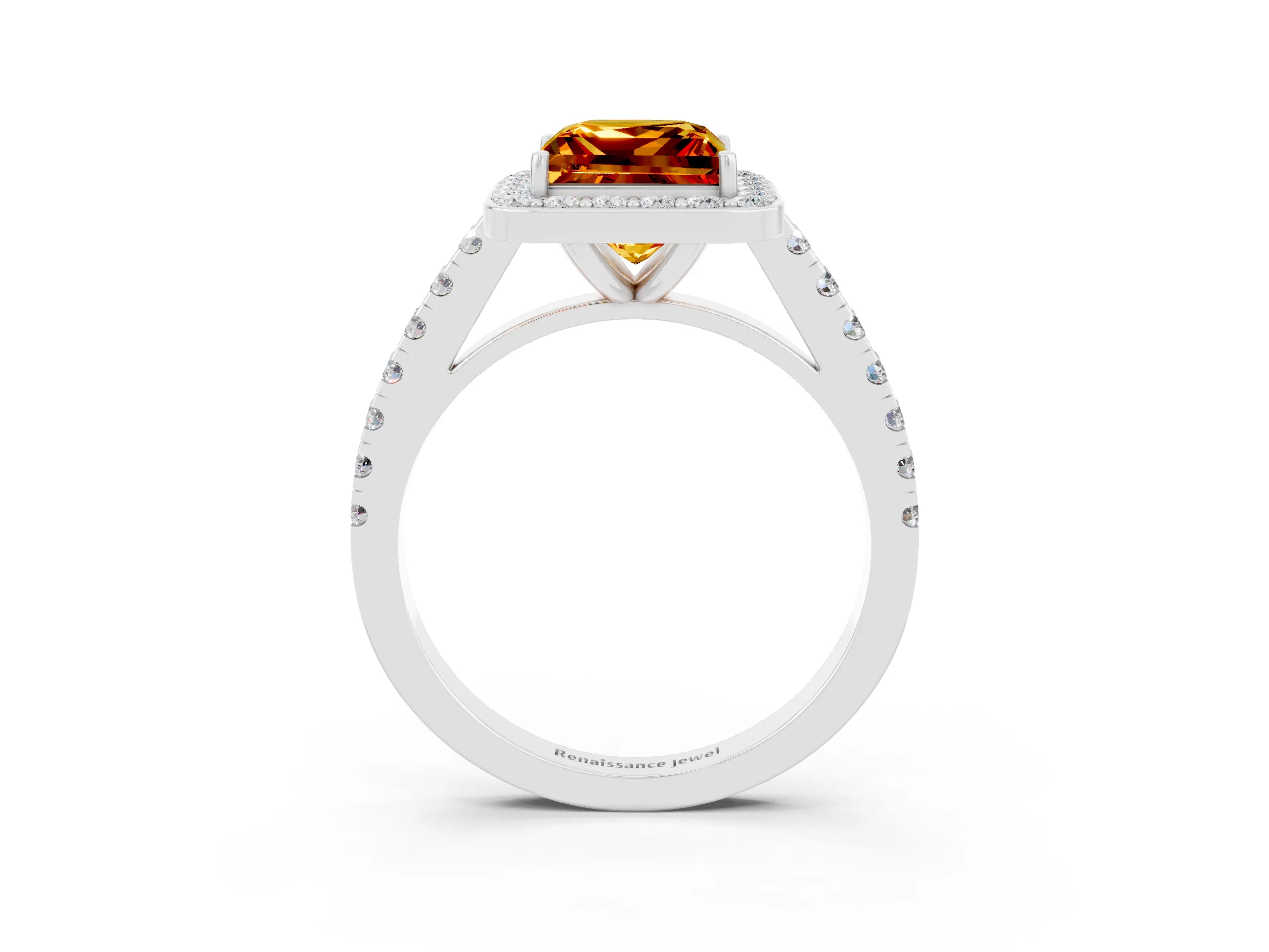 White gold Princess Cut Halo Diamond Ring with Pavé Band and Three-Prong Setting_3