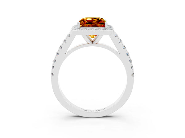 Platinum Princess Cut Citrine Halo Ring with Round Pavé Split Shank and Prong Setting