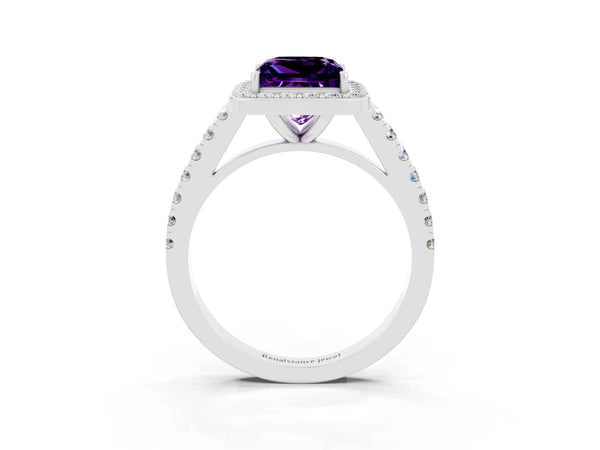 Silver Princess Cut Amethyst Halo Ring with Round Pavé Split Shank and Prong Setting