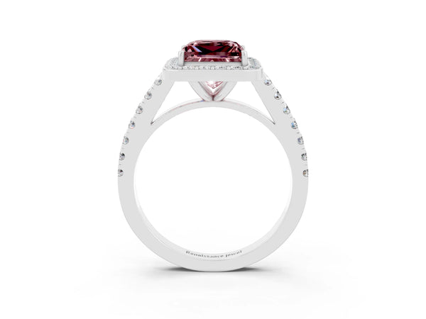 Silver Princess Cut Halo Diamond Ring with Pavé Band and Three-Prong Setting