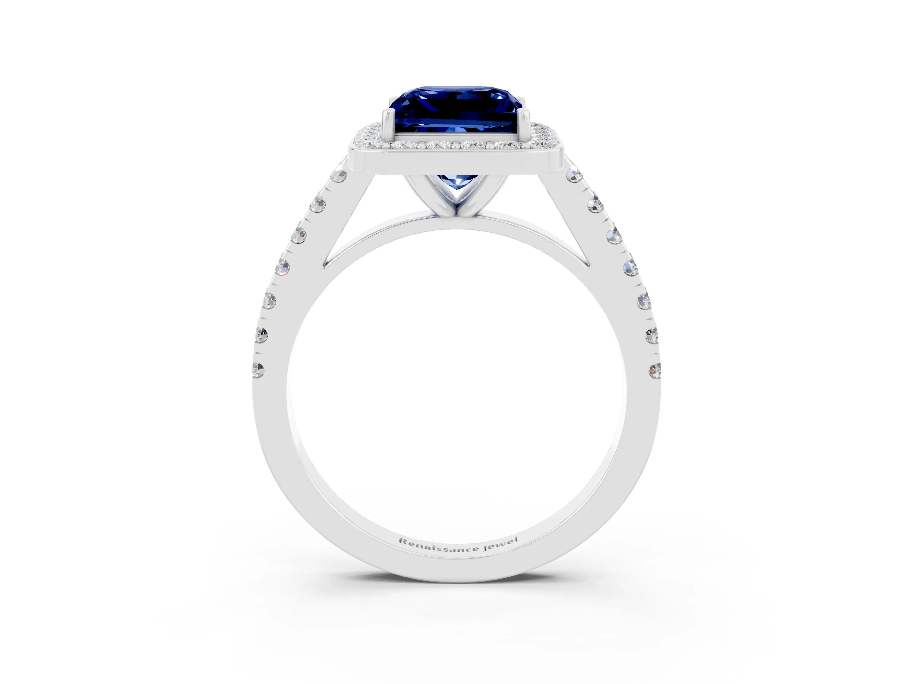 White gold Princess Cut Halo Diamond Ring with Pavé Band and Three-Prong Setting_3