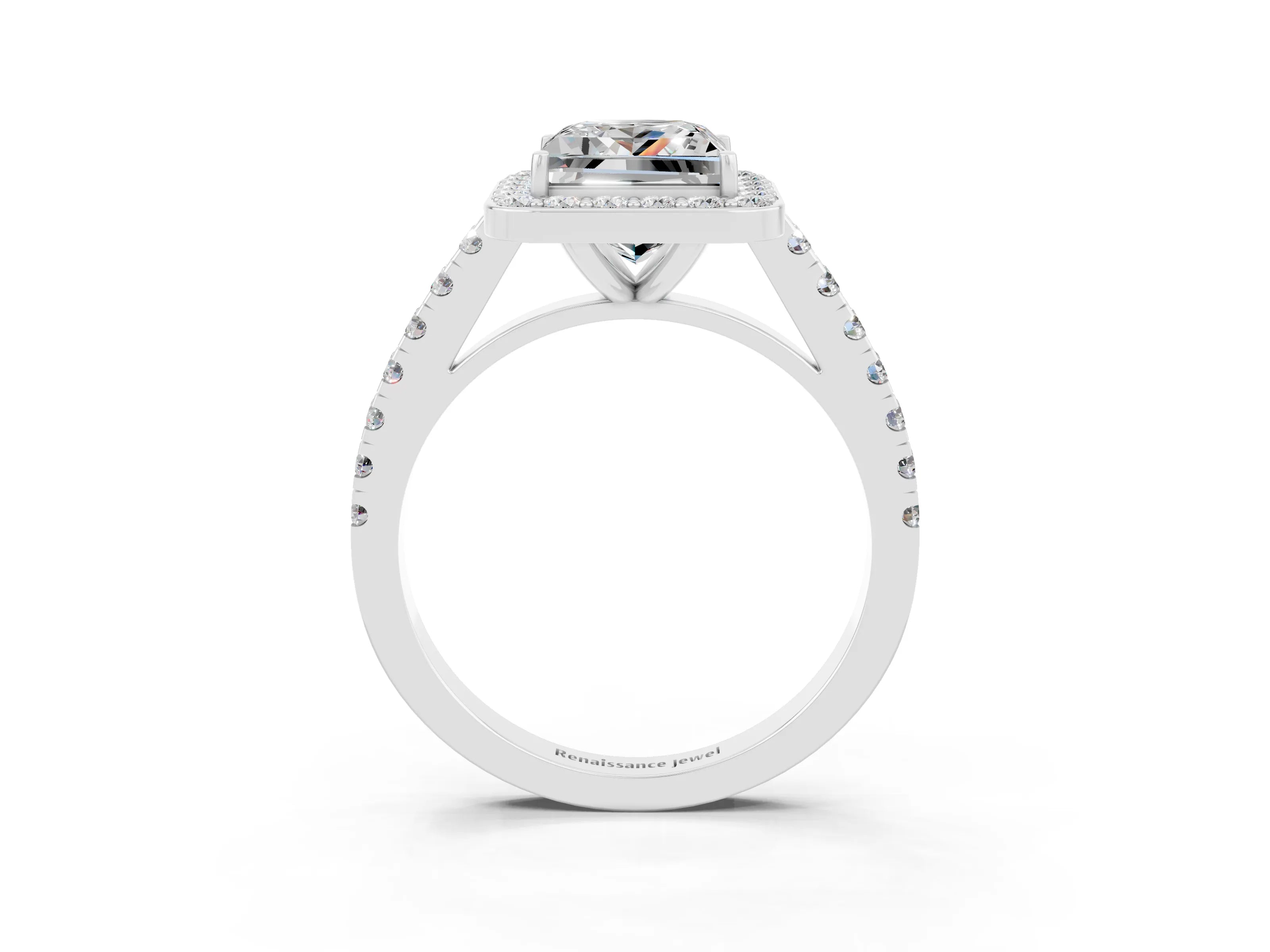 White gold Princess Cut Halo Diamond Ring with Pavé Band and Three-Prong Setting_3