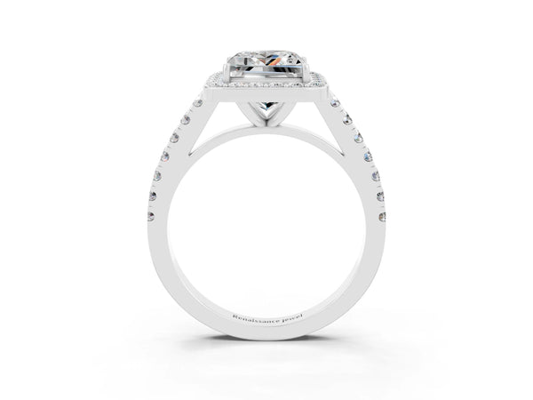 Silver Princess Cut Moissanite Halo Ring with Round Pavé Split Shank and Prong Setting
