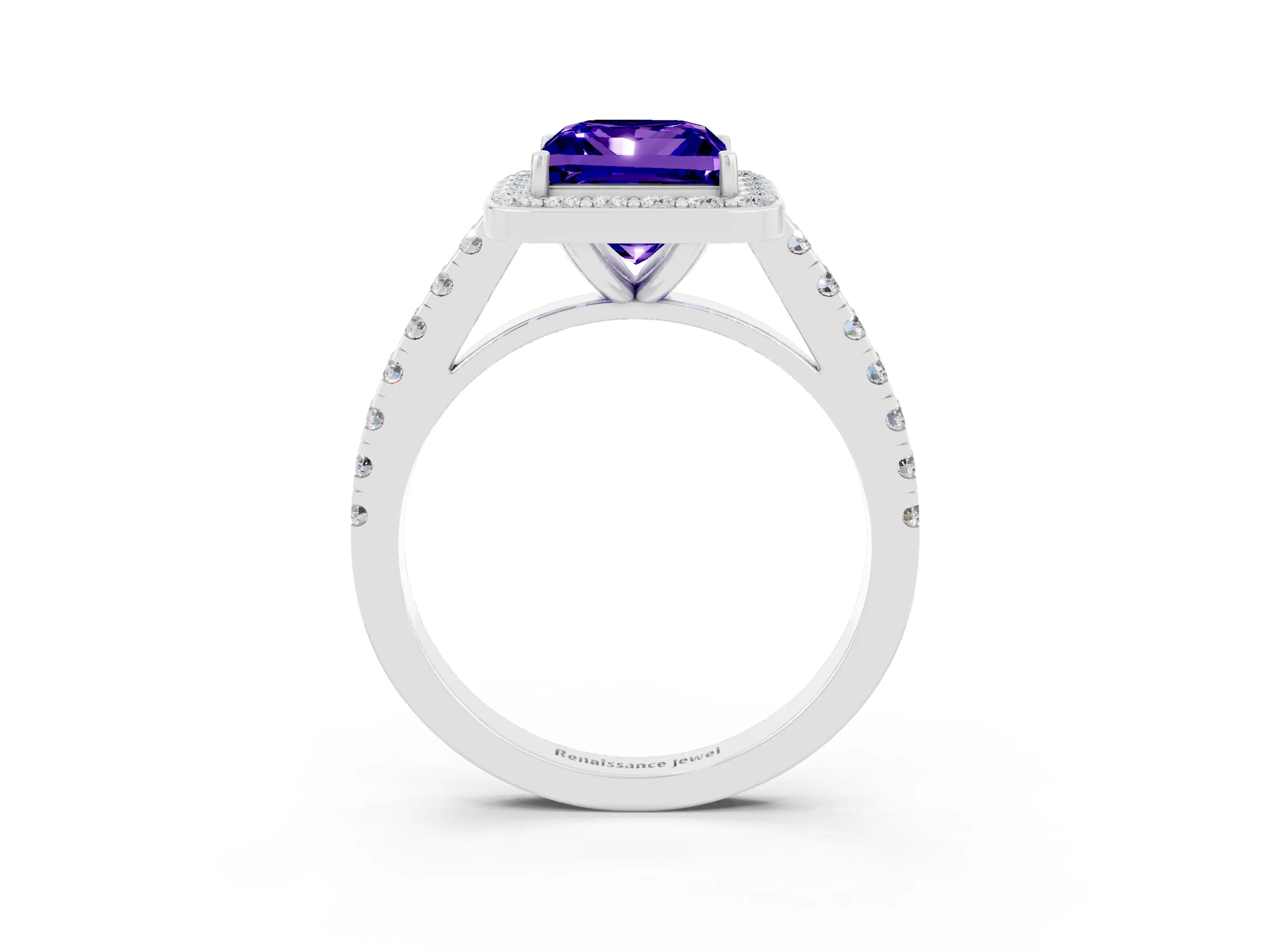 White gold Princess Cut Halo Diamond Ring with Pavé Band and Three-Prong Setting_3