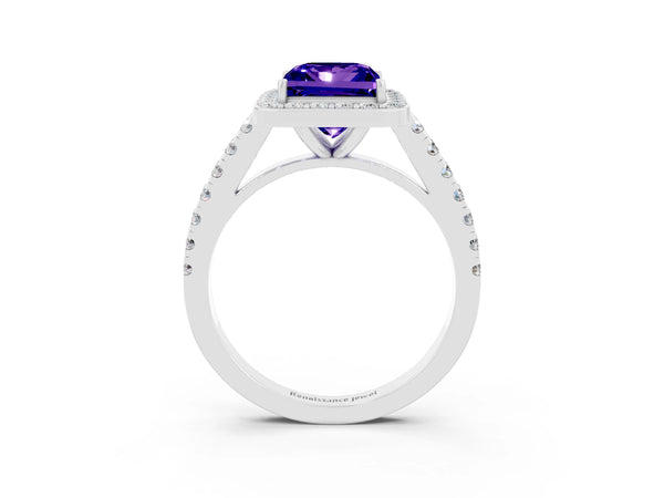 Platinum Princess Cut Tanzanite Halo Ring with Round Pavé Split Shank and Prong Setting