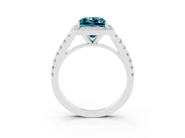 Platinum Princess Cut Halo Diamond Ring with Pavé Band and Three-Prong Setting