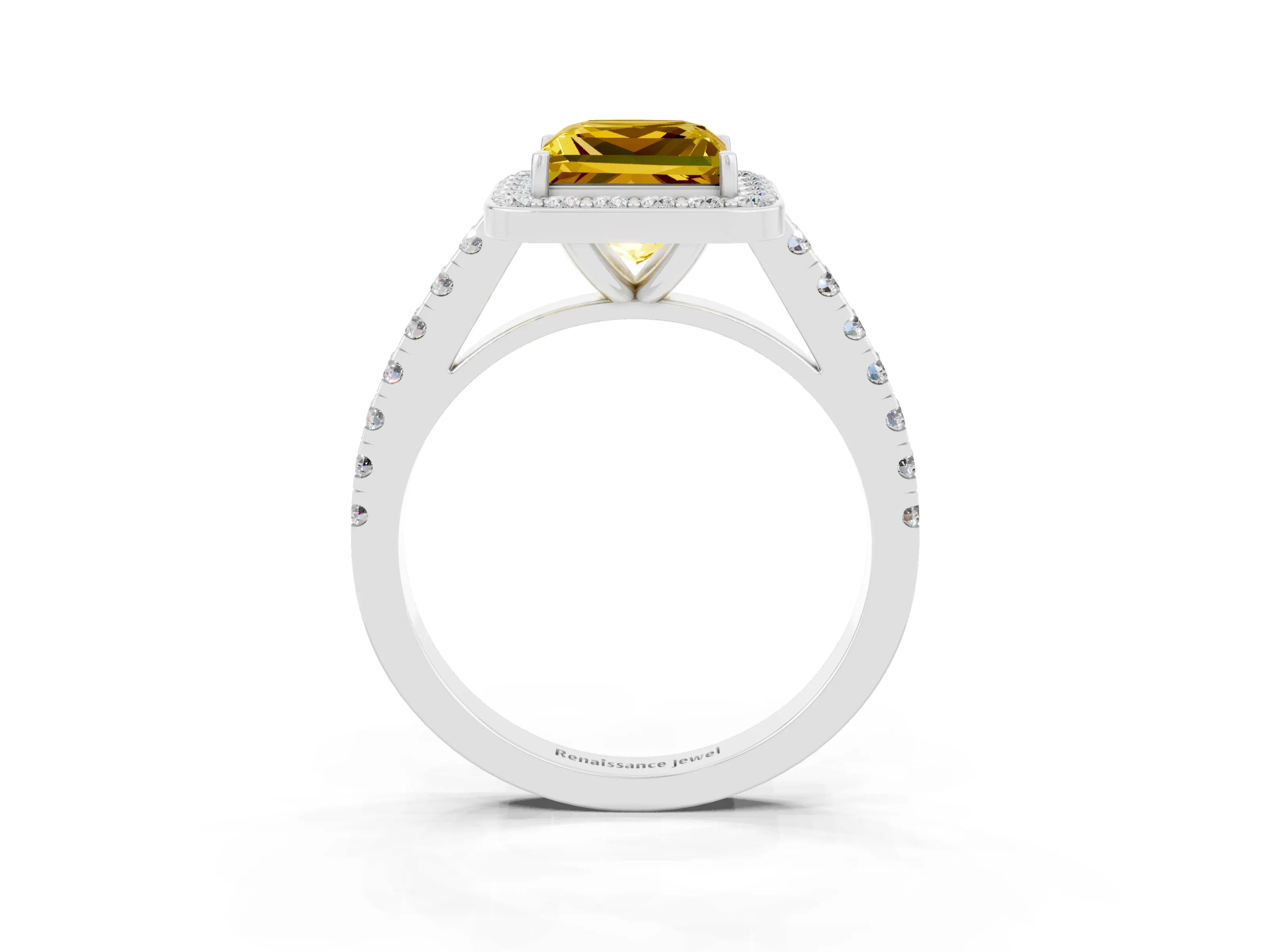 White gold Princess Cut Halo Diamond Ring with Pavé Band and Three-Prong Setting_3