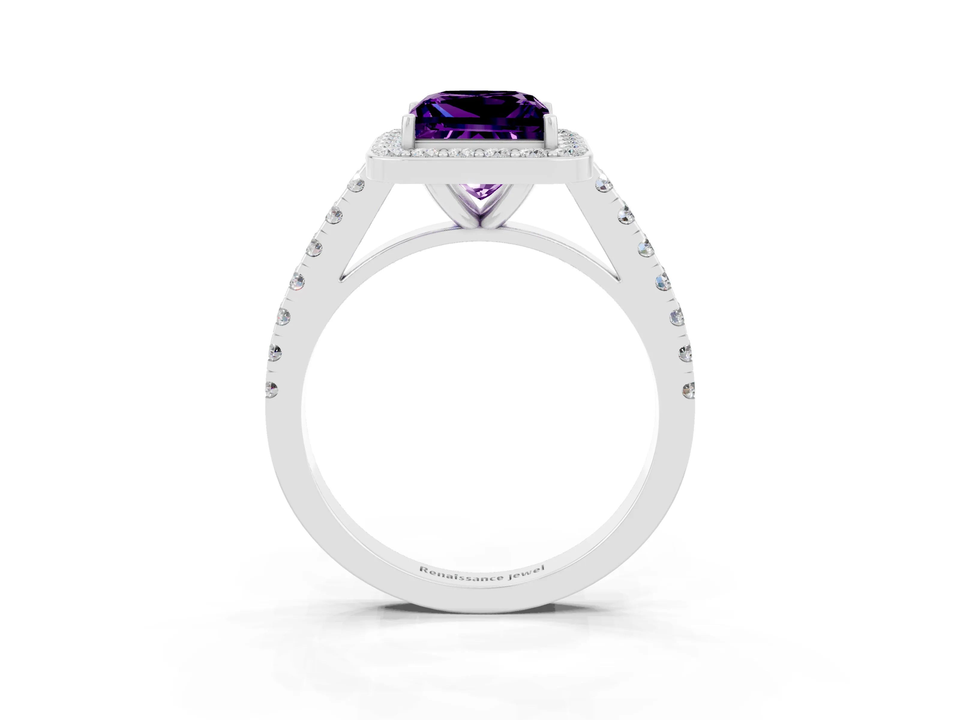 White gold Princess Cut Halo Diamond Ring with Pavé Band and Three-Prong Setting_3