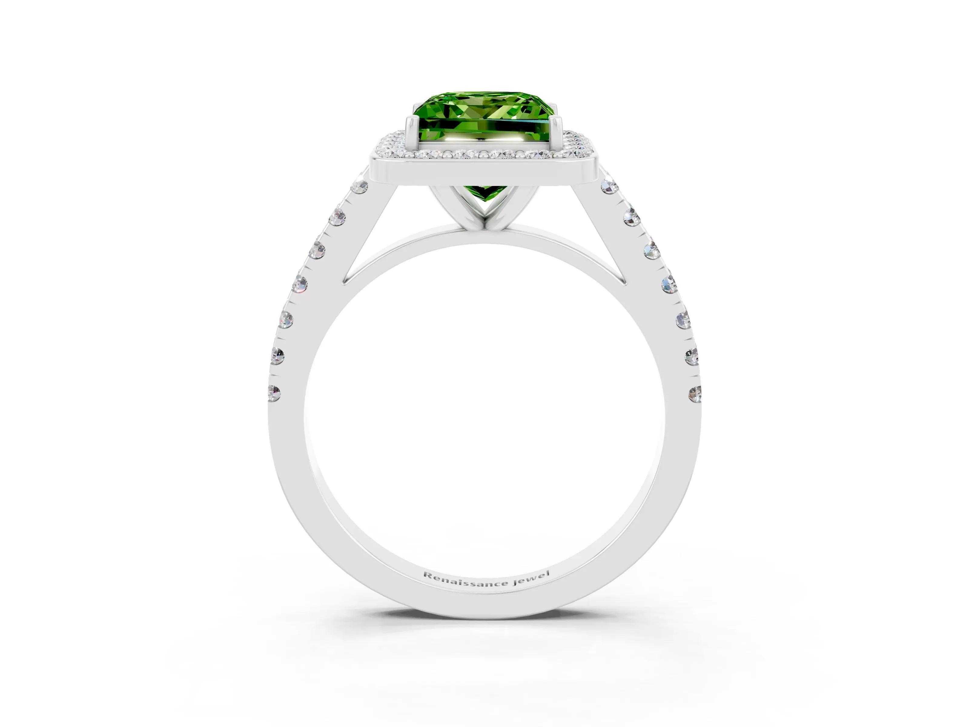 White gold Princess Cut Halo Diamond Ring with Pavé Band and Three-Prong Setting_3