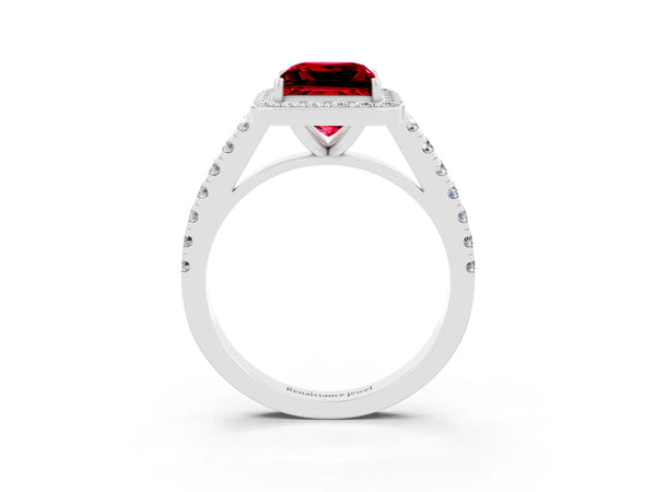Platinum Princess Cut Ruby Halo Ring with Round Pavé Split Shank and Prong Setting