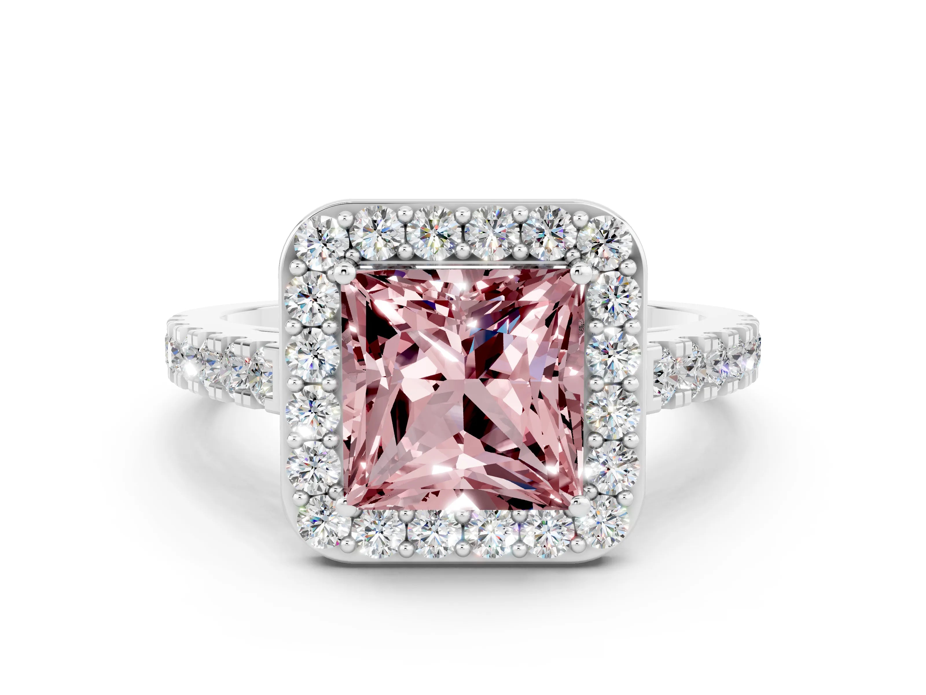 White gold Princess Cut Halo Diamond Ring with Pavé Band and Three-Prong Setting