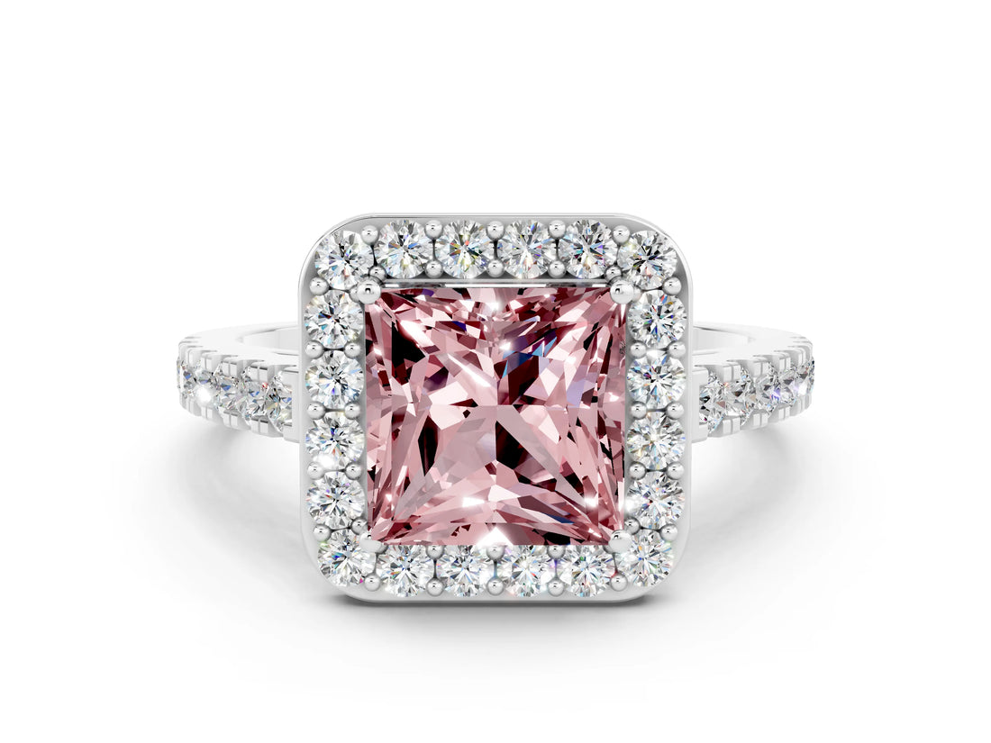 White gold Princess Cut Halo Diamond Ring with Pavé Band and Three-Prong Setting