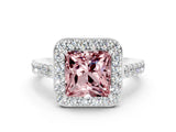 White gold Princess Cut Halo Diamond Ring with Pavé Band and Three-Prong Setting