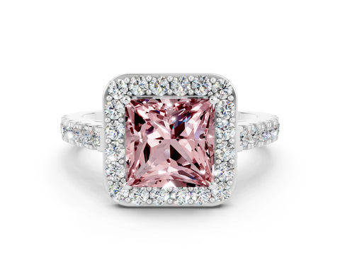 White gold Princess Cut Halo Diamond Ring with Pavé Band and Three-Prong Setting
