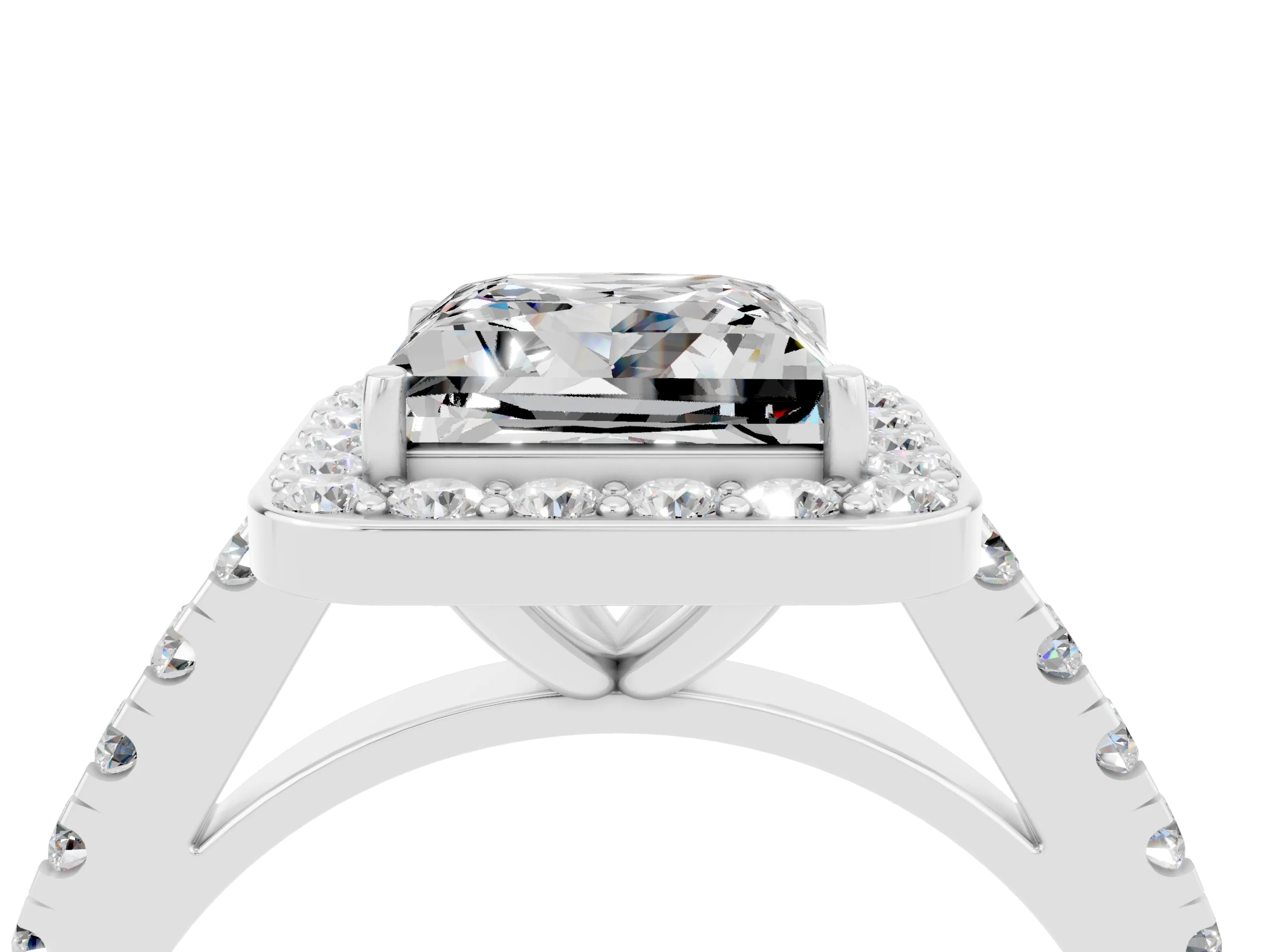 White gold Princess Cut Halo Diamond Ring with Pavé Band and Three-Prong Setting_4