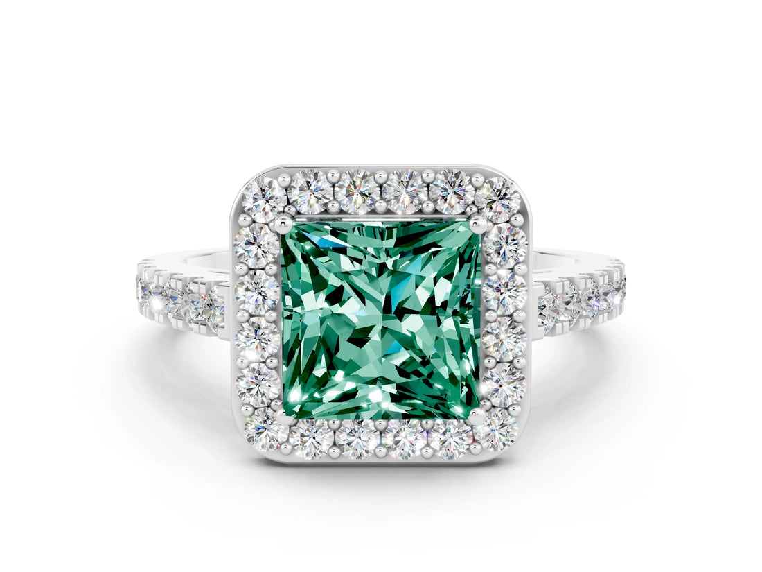 White gold Princess Cut Halo Diamond Ring with Pavé Band and Three-Prong Setting