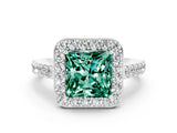White gold Princess Cut Halo Diamond Ring with Pavé Band and Three-Prong Setting