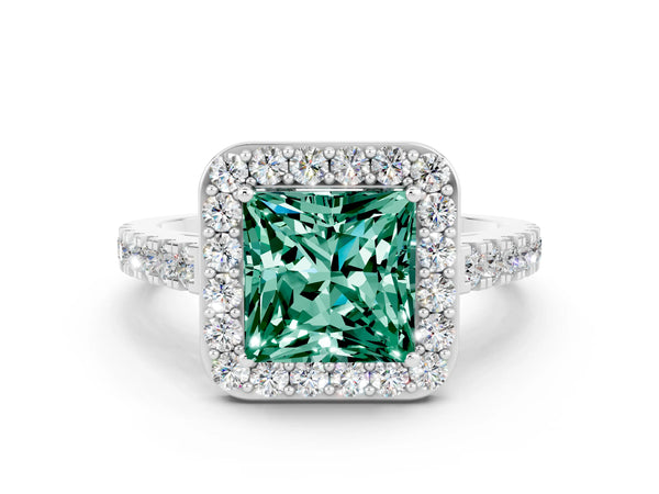 Silver Princess Cut Green Sapphire Halo Ring with Round Pavé Split Shank and Prong Setting