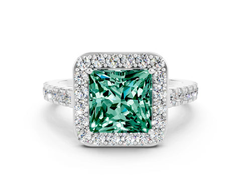 White gold Princess Cut Halo Diamond Ring with Pavé Band and Three-Prong Setting