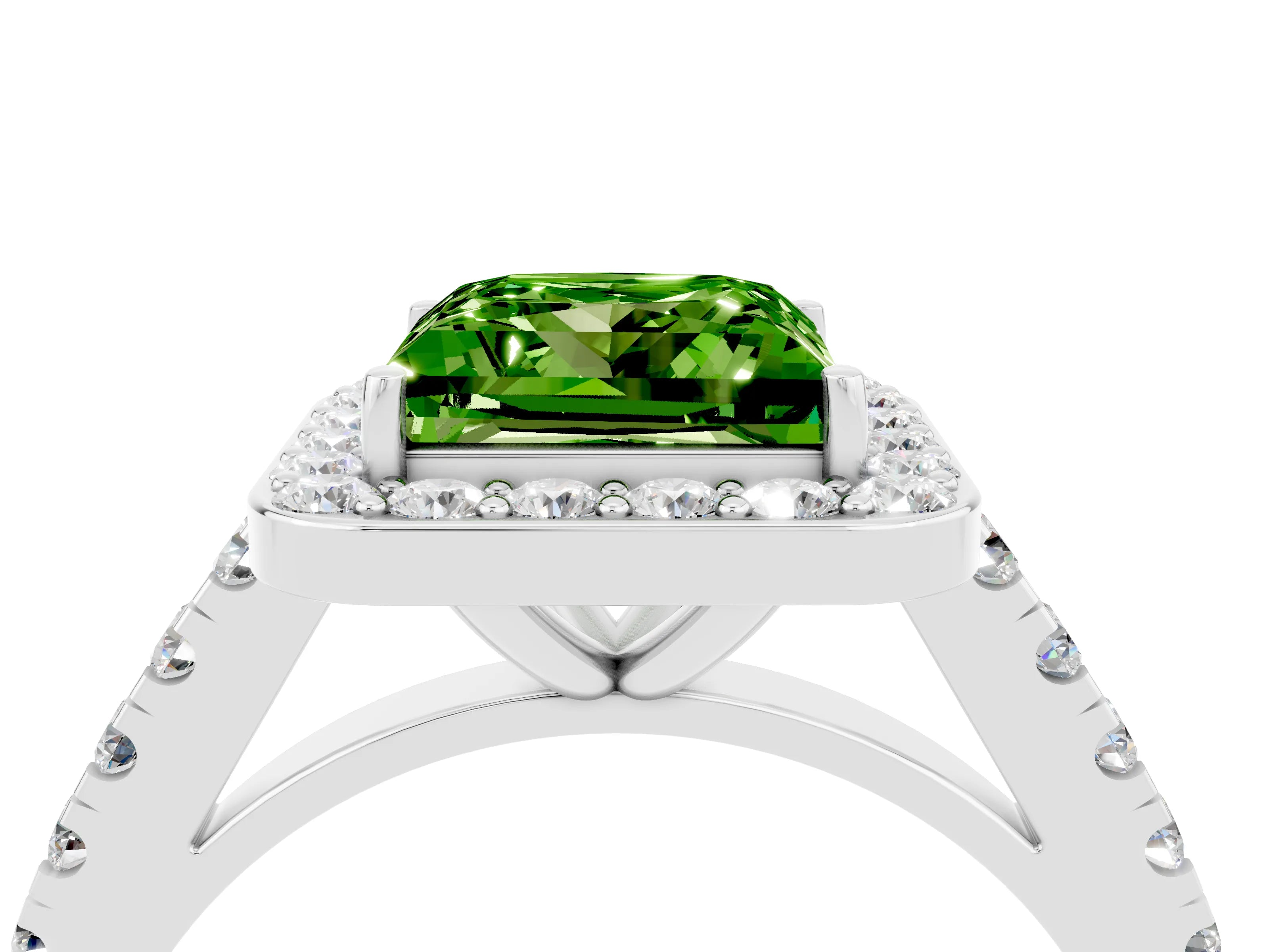 White gold Princess Cut Halo Diamond Ring with Pavé Band and Three-Prong Setting_4