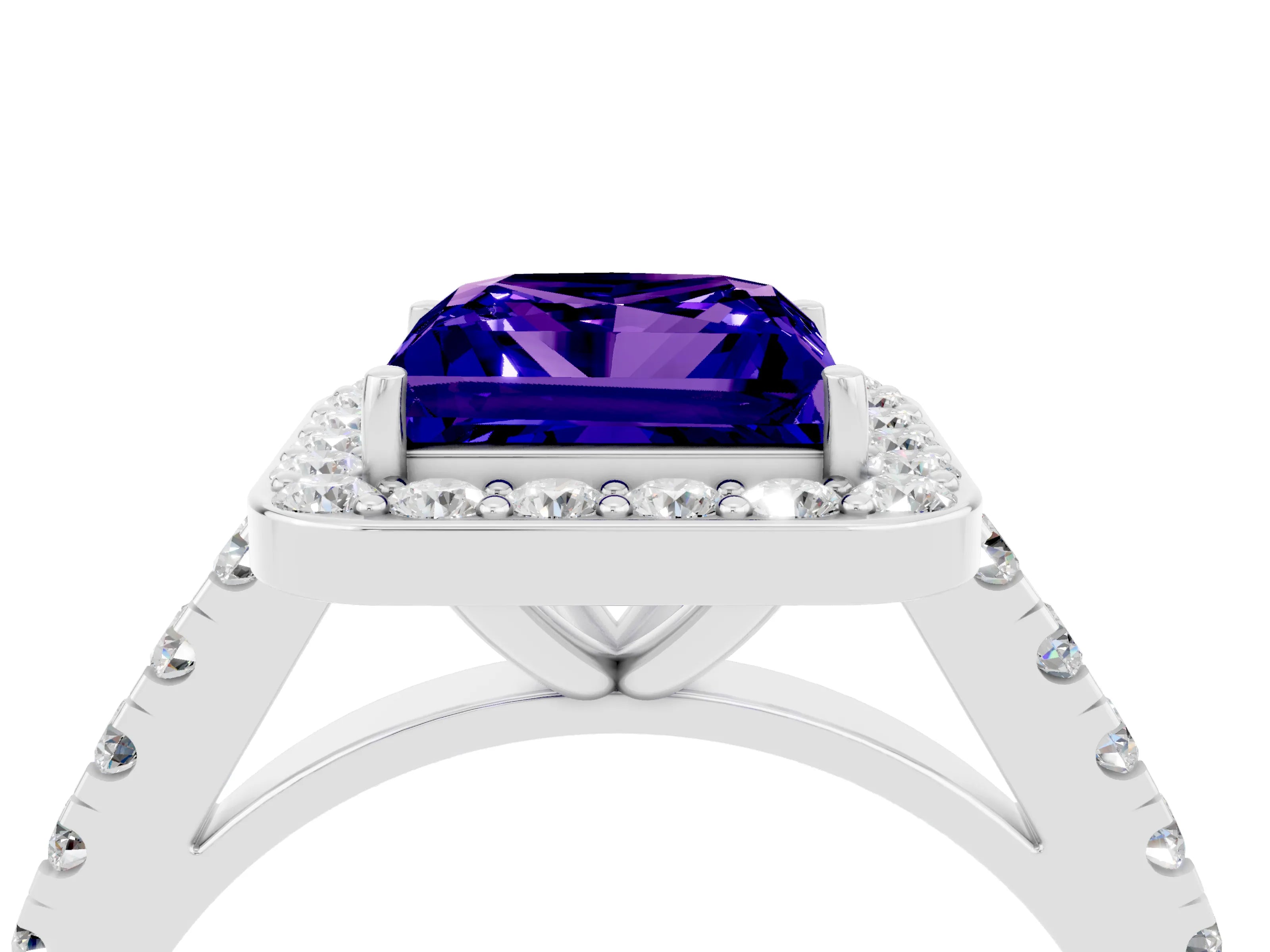 White gold Princess Cut Halo Diamond Ring with Pavé Band and Three-Prong Setting_4